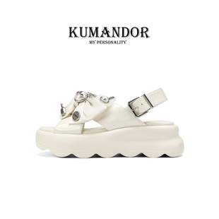 KUMANDOR 2024新款 厚底露趾凉鞋 KMD 女外穿真皮沙滩鞋 蝴蝶结女鞋