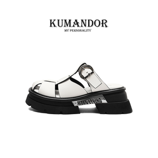 KUMANDOR 2024新款 真皮包头凉拖鞋 KMD 女外穿厚底猪笼鞋 罗马凉鞋