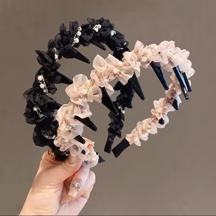 发箍珍珠网纱褶皱蕾丝压发甜美头饰发卡带齿高颅气质防滑发饰头箍