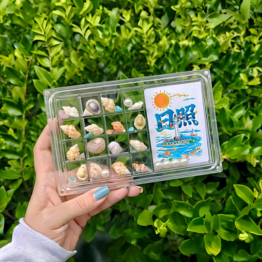 亚克力透明贝壳收纳盒创意海边石头标本收藏磁吸大号展示盒带相框