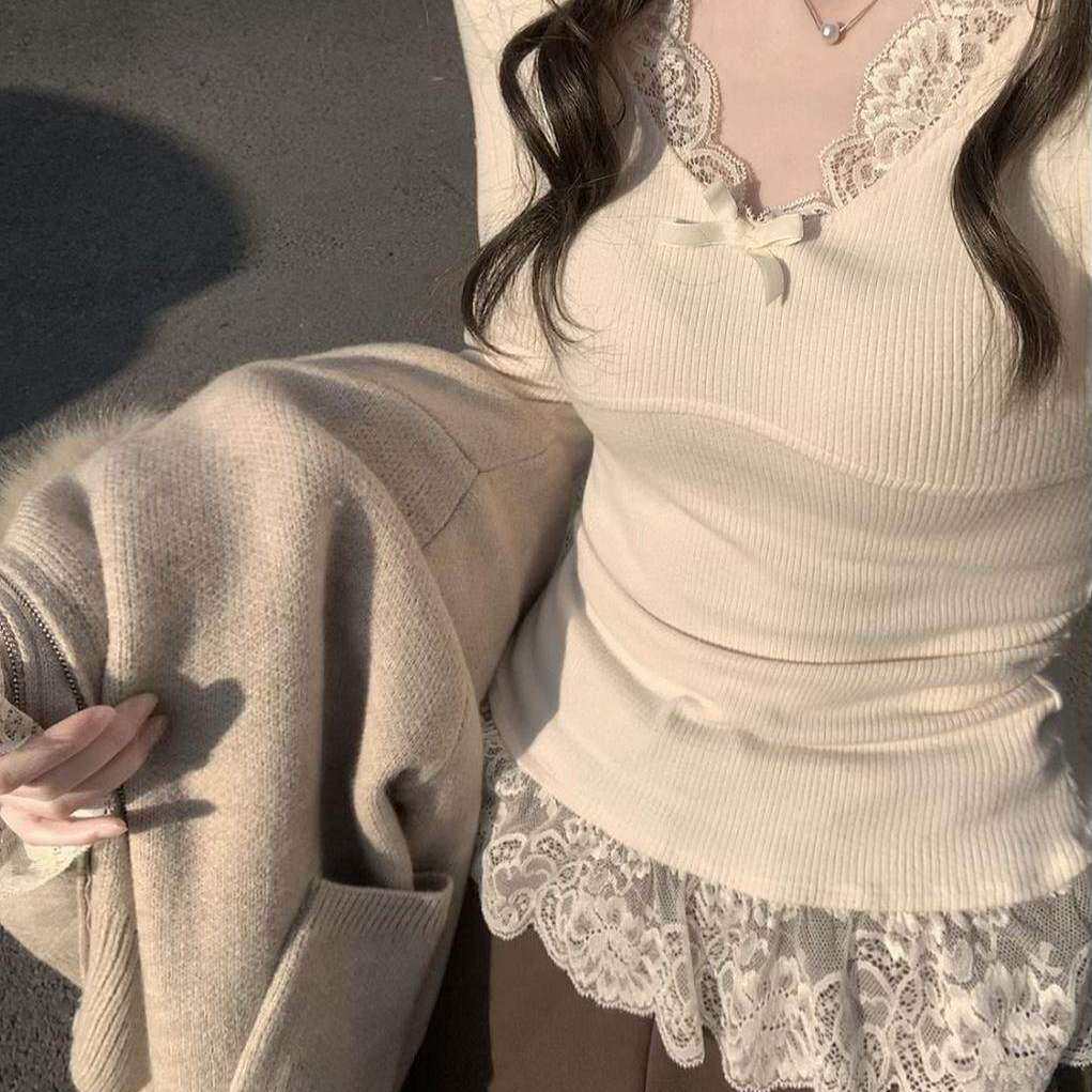 韩系秋冬纯欲蕾丝花边修身针织打底衫内搭上衣毛领开衫毛衣外套装