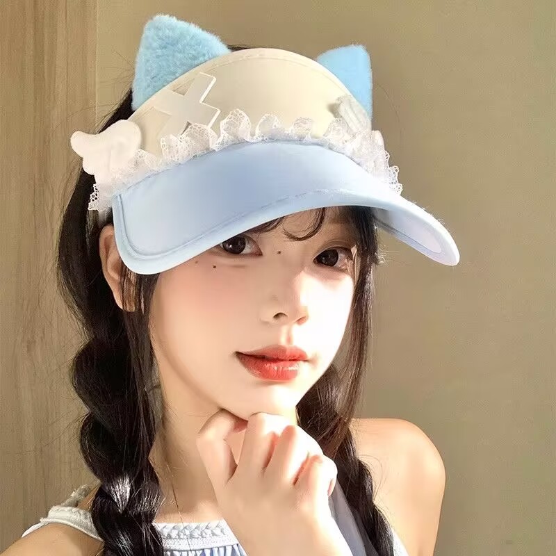 遮阳帽可爱原创猫耳空顶遮阳帽亚文化帽可爱文字宅系耳朵少萝头饰