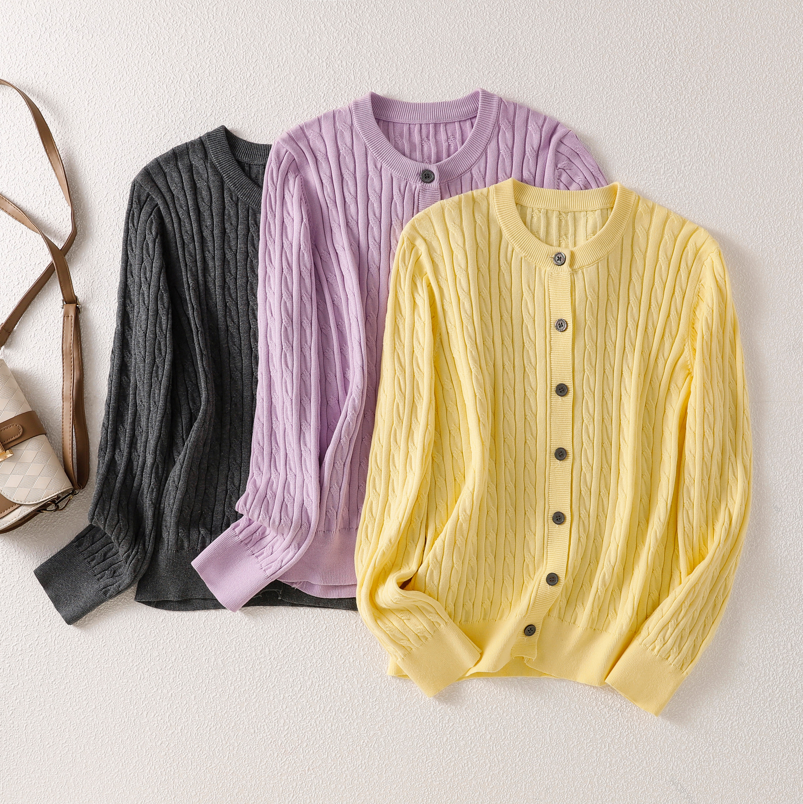 100%纯棉休闲麻花针织毛衣纽扣开衫圆领长袖春季新款针织衫薄款