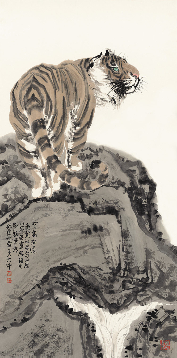 冯大中登高临远国画水墨画老虎画上山虎真迹复制画原大高清装饰画
