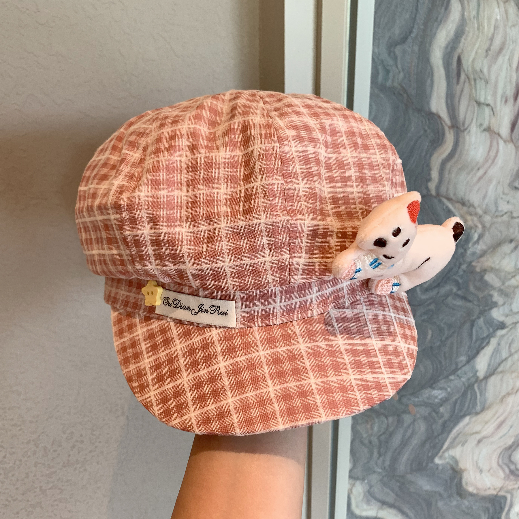 可爱立体小狗粉色格纹贝雷帽
