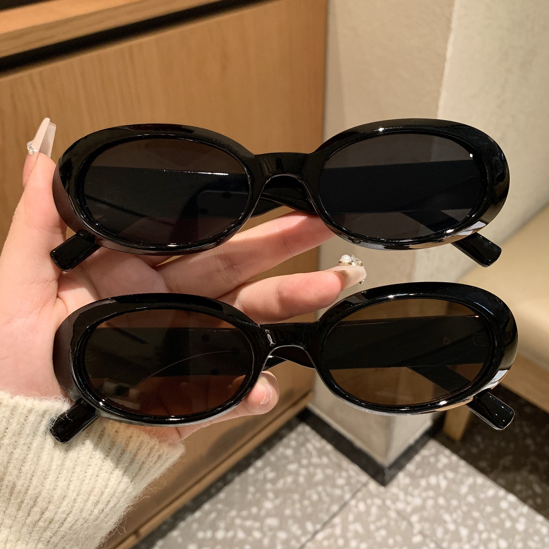 复古椭圆形猫眼墨镜女高级感夏季防紫外线遮阳茶色辣妹太阳眼镜潮