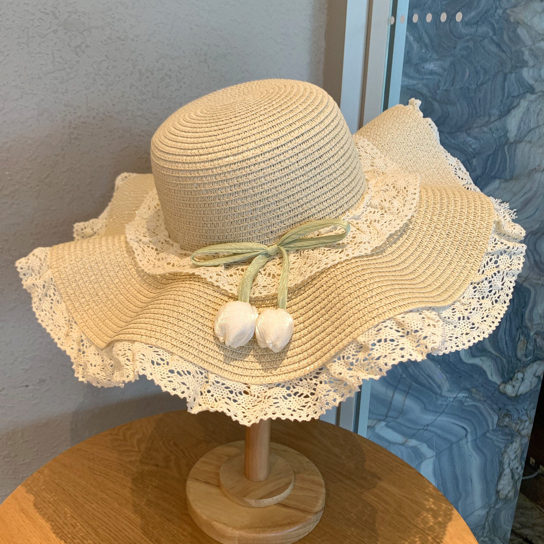法式蕾丝花朵草帽女夏海边沙滩波帽子