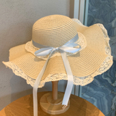 韩系蕾丝花边空顶防晒帽子女夏季 出游海边度假遮阳草帽防紫外线潮