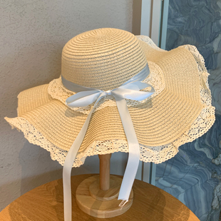 韩系蕾丝花边空顶防晒帽子女夏季 出游海边度假遮阳草帽防紫外线潮