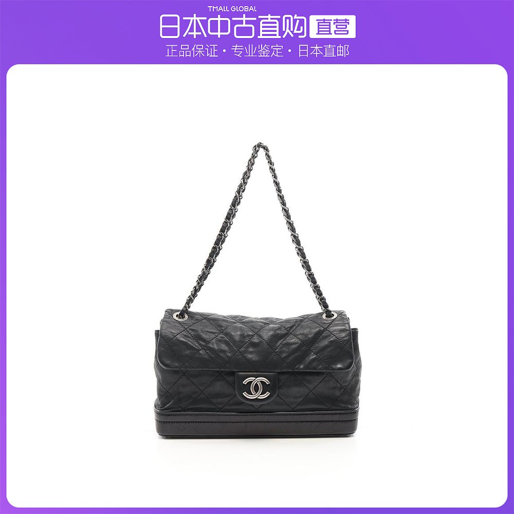 日本直邮中古CHANEL香奈儿[B]9.0新菱格纹链条真皮肩包釉面皮黑色