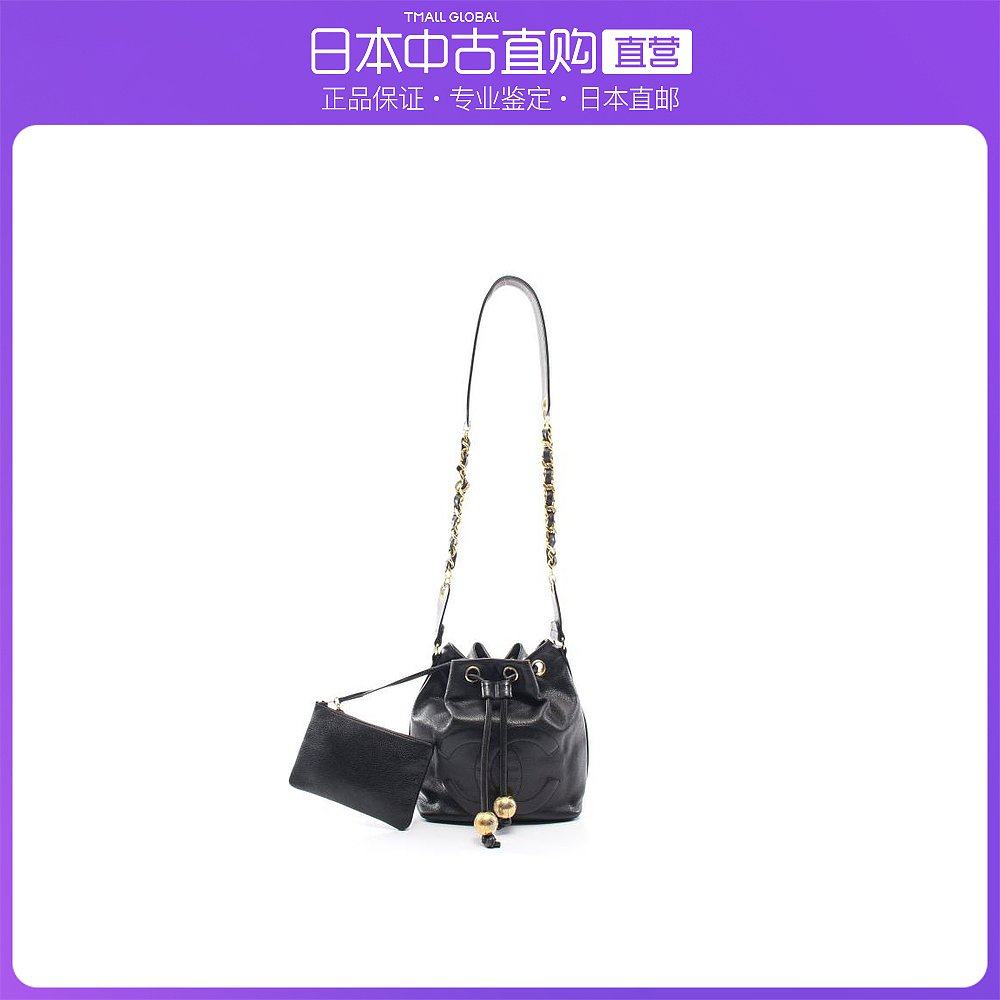 日本直邮中古CHANEL香奈儿[B]9.0新双C标志链条肩包黑色巾着包附