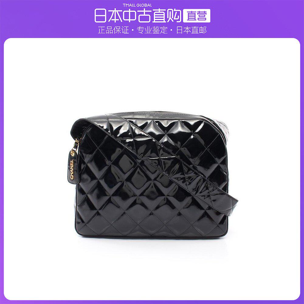 日本直邮中古CHANEL香奈儿[B]9.0新菱格纹肩包釉面皮黑色金色五金