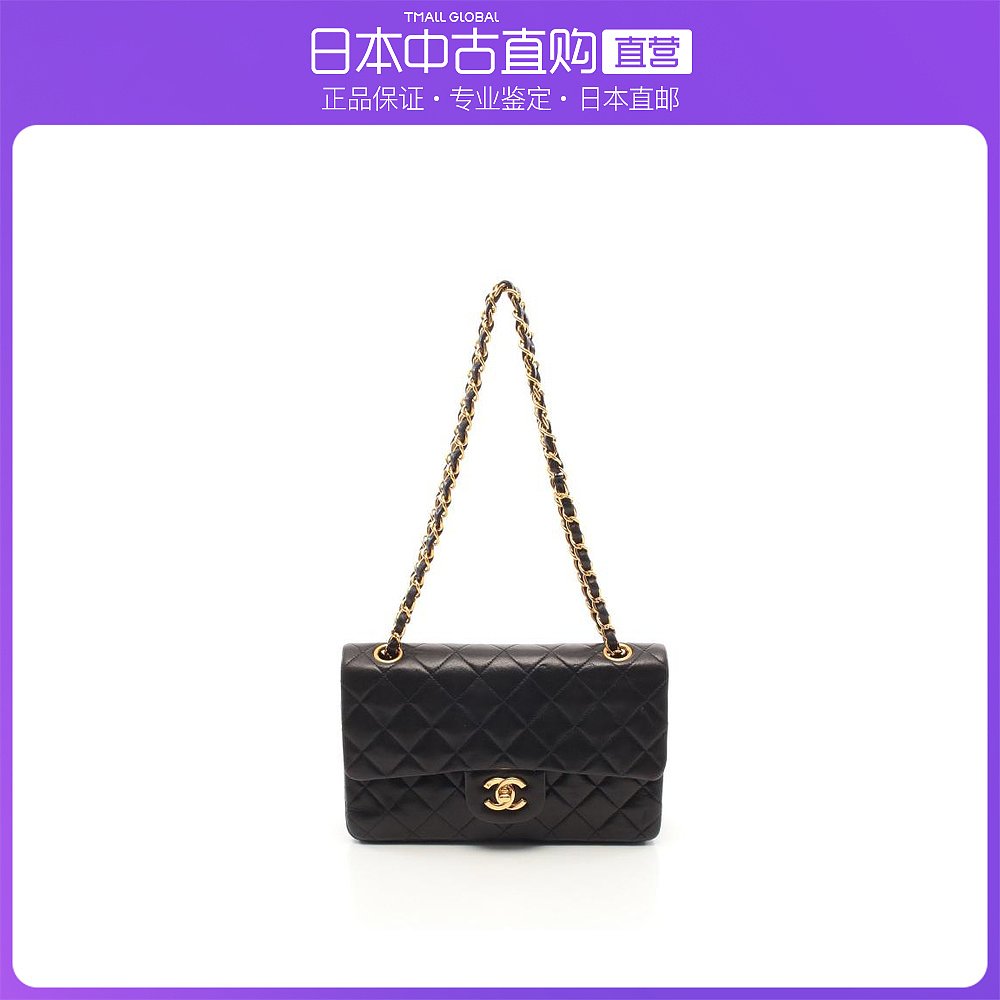 日本直邮中古CHANEL香奈儿[B]9.0新CF菱格纹双翻盖双链条小羊皮肩