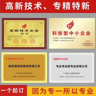 高新技术企业定制铜牌专精特新中小企业小巨人公司荣誉科技型牌匾