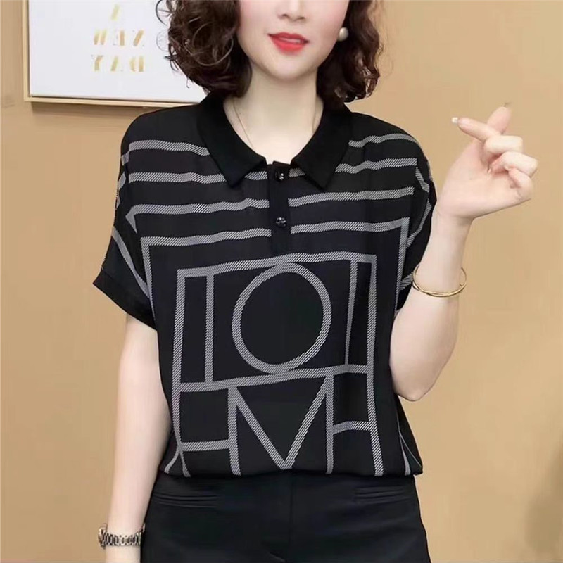妈妈新款夏装短袖T恤翻领女宽松