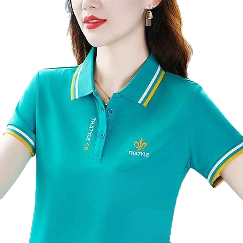 中年妈妈夏装新款洋气刺绣翻领POLO衫女士时尚短袖运动体恤薄上衣