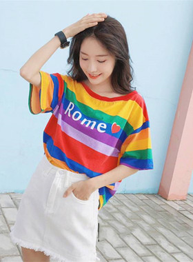 彩虹条纹短袖t恤女2024夏季新款妈妈装宽松休闲半袖体恤百搭上衣