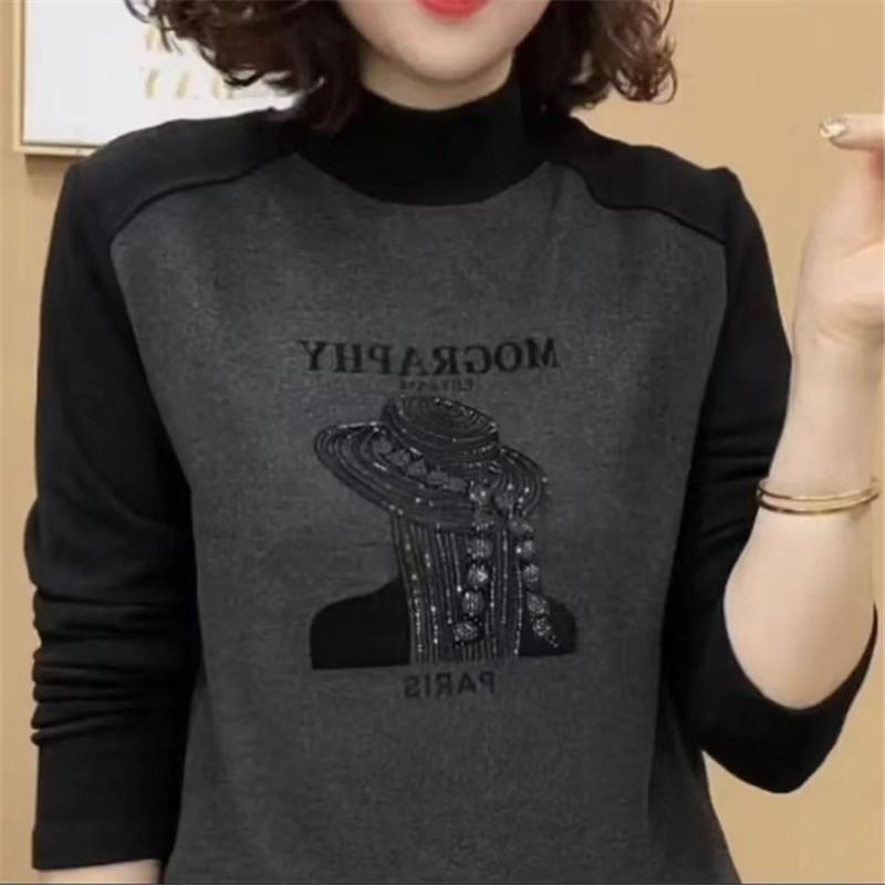 半高领烫钻秋冬款德绒拼接打底衫