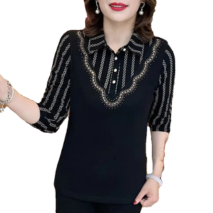 2024年中老年妈妈加绒保暖衬衫领打底衫洋气显瘦长袖镶钻上衣女冬