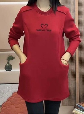 加绒加厚卫衣女妈妈装2024年新款秋冬季宽松中长款遮屁股刺绣上衣