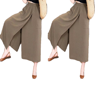 夏季薄款宽松开叉八分阔腿裙裤子女胖mm显瘦高腰休闲半身裙慵懒风
