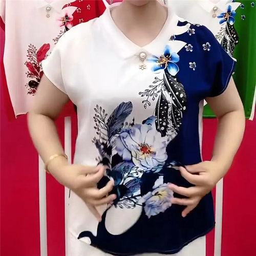 衬衫夏季新款妈妈短袖印花娃娃领