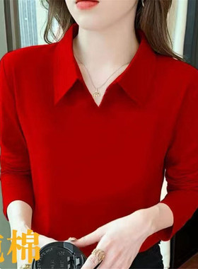 纯棉新年红色polo领长袖t恤女春秋季大码洋气显瘦百搭上衣打底衫