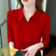 纯棉新年红色polo领长袖 洋气显瘦百搭上衣打底衫 t恤女春秋季 大码