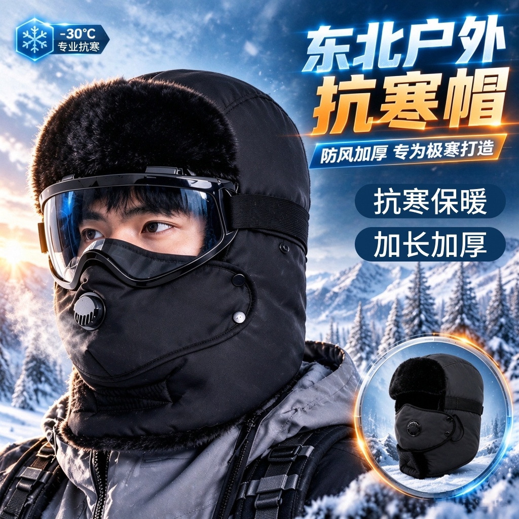 户外帽子男冬天电动车雷锋帽男士冬季东北防寒面罩骑车保暖防风棉