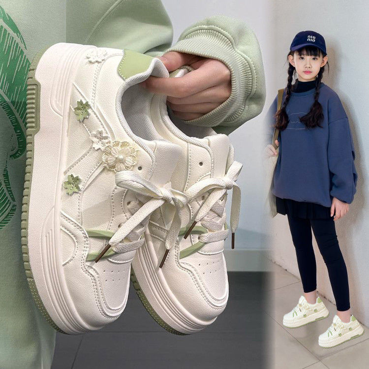 女童学生鞋花朵装饰板鞋运动鞋小白鞋学生韩系中大童休闲皮面童鞋