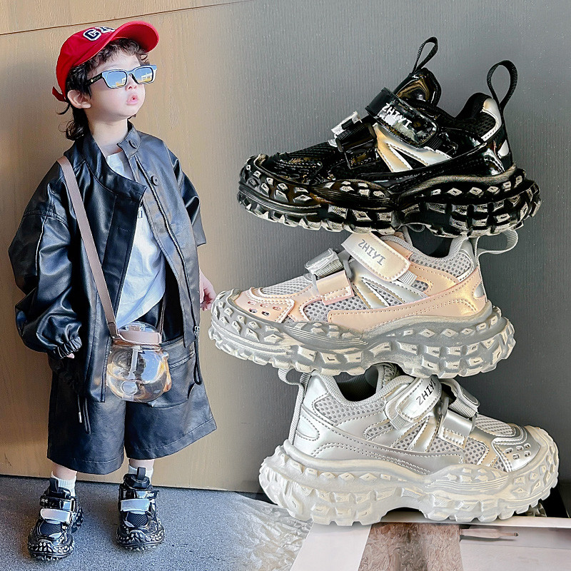 男童足球鞋厚底老爹鞋儿童网面运动鞋女童魔术贴透气休闲童鞋新款