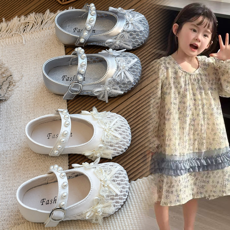 2026新款女童珍珠玛丽珍鞋春夏季蝴蝶结软底公主鞋童鞋空网方口鞋