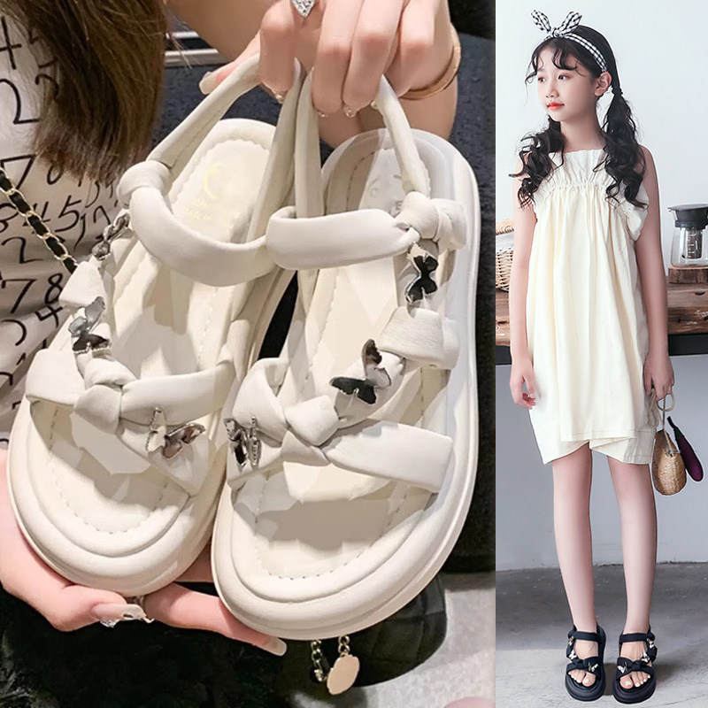 儿童仙女风蝴蝶结厚底凉鞋女夏季新款百搭露趾松糕学生鞋软底童鞋