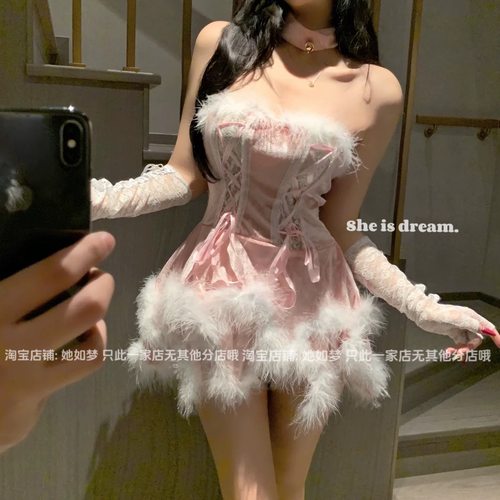 微胖纯欲毛绒甜辣显瘦抹胸连衣裙