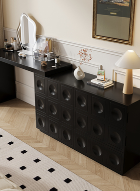 复古风黑色斗柜一体伸缩烤漆主卧床尾简约现代小户型奶油风梳妆台
