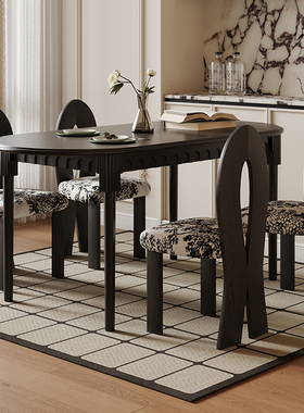 法式复古实木餐桌简约中古风黑色桌子带抽屉美式椭圆形家用饭桌椅