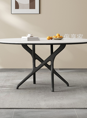 实木岩板圆形餐桌带转盘轻奢现代简约家用小户型复古黑色岩板圆桌