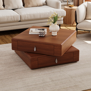 北美胡桃木皮功能带旋转茶几现代简约小户型家用客厅双抽储物茶几