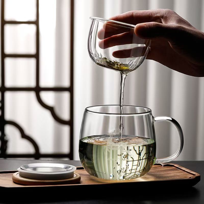 高档印花圆趣杯茶水分离玻璃杯耐高温防爆家用冲泡茶杯个人专用杯