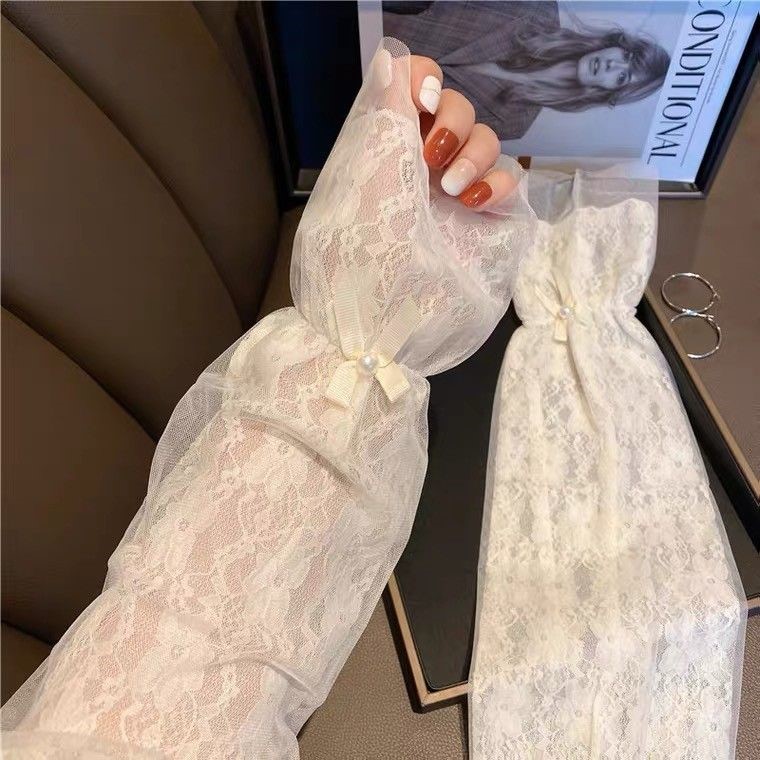 防晒手袖双层蕾丝蝴蝶结冰袖女ins高颜值宽松网纱冰袖洛丽塔袖套
