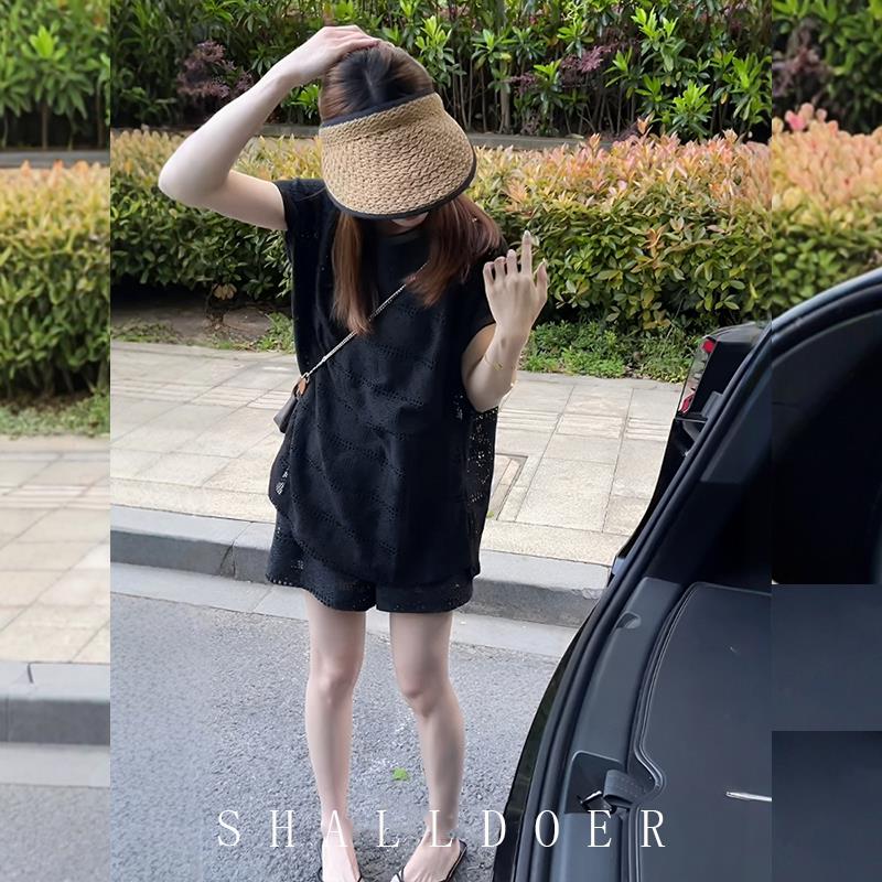 镂空蕾丝短袖t恤女短裤套