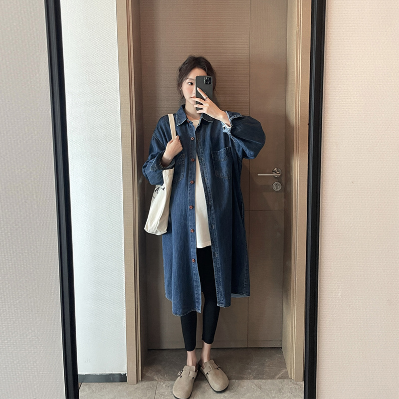 春秋孕妇装韩版宽松打版孕妇牛仔衬衫外套长款水洗长袖衬衫裙子