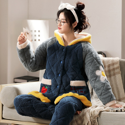 法兰绒睡衣套装女秋冬季新款三层夹棉加厚保暖可爱家居服