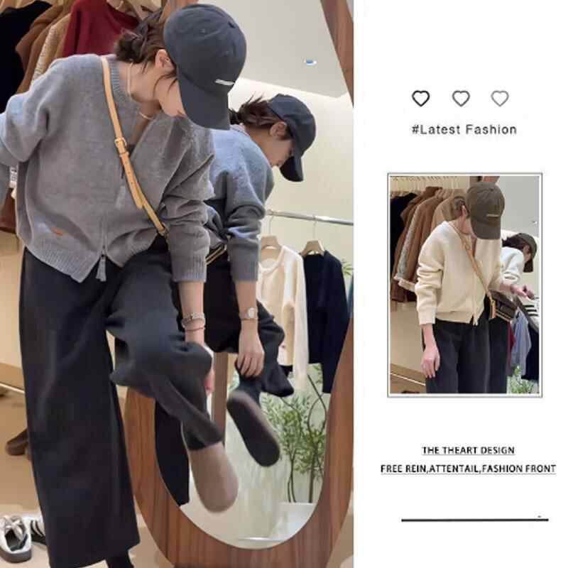 美式复古穿搭女秋季新款小个子显瘦时尚针织外套休闲裤两件套装