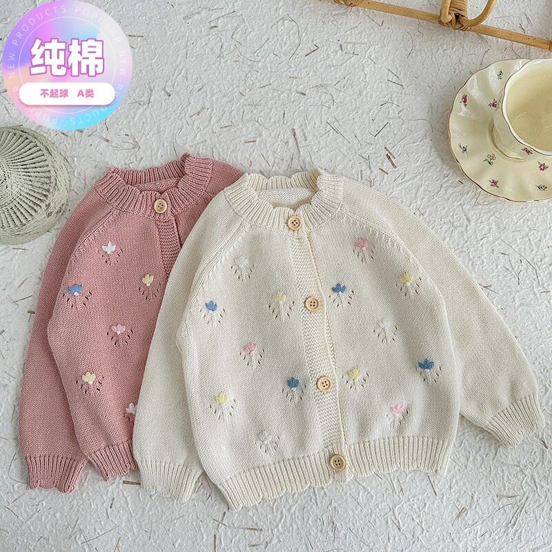 田园风碎花女宝宝纯棉长袖毛衣开衫甜美花边保暖外穿女童套头上衣
