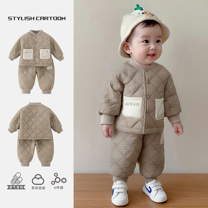 2025秋冬新款婴儿a类保暖衣服宝宝套装儿童夹棉加厚棉服男童冬季