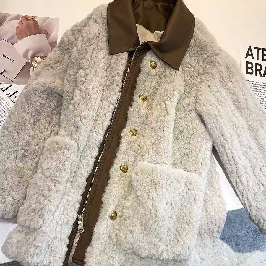 PU拼接好看POLO领防兔毛新款外套女士秋冬设计感香风加厚毛绒