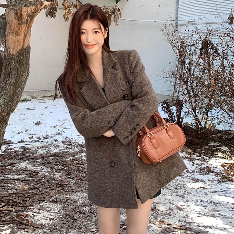 西装小个子毛呢外套女2025秋冬新款韩系高级感加厚中长款