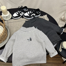 冬装儿童卡通印花加厚保暖打底衫男女童半高领加绒条纹内搭T恤潮