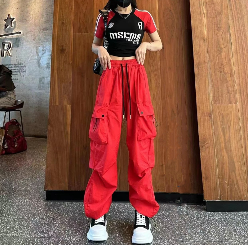 美式高街设计感工装裤女2025夏季潮流高腰宽松百搭阔腿束脚裤子